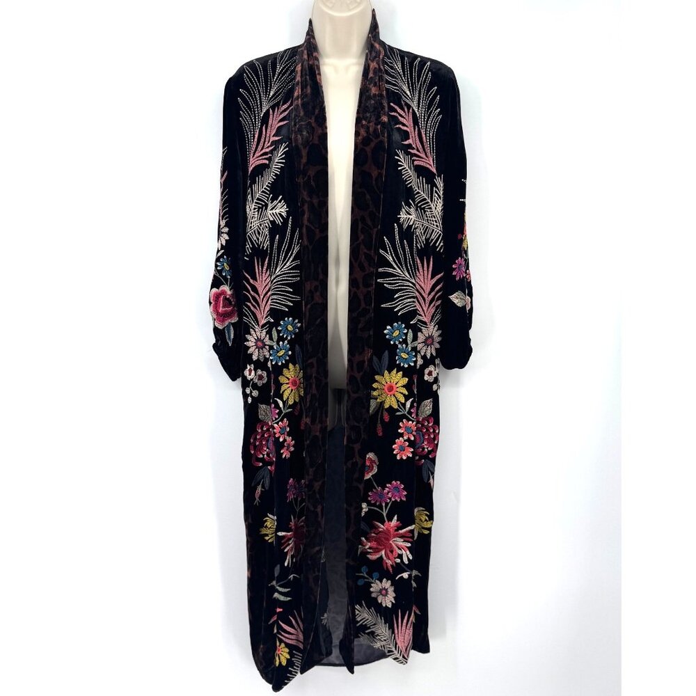 Johnny Was Tiarei Velvet Bishop Sleeve Kimono Coat Floral Embroidery Black Woman